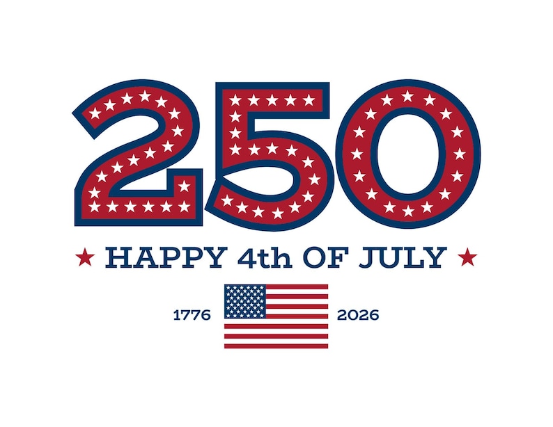 Stars and Stripes 250 year, with a Happy 4th of July. Flag on the bottom with years 1776 and 2026