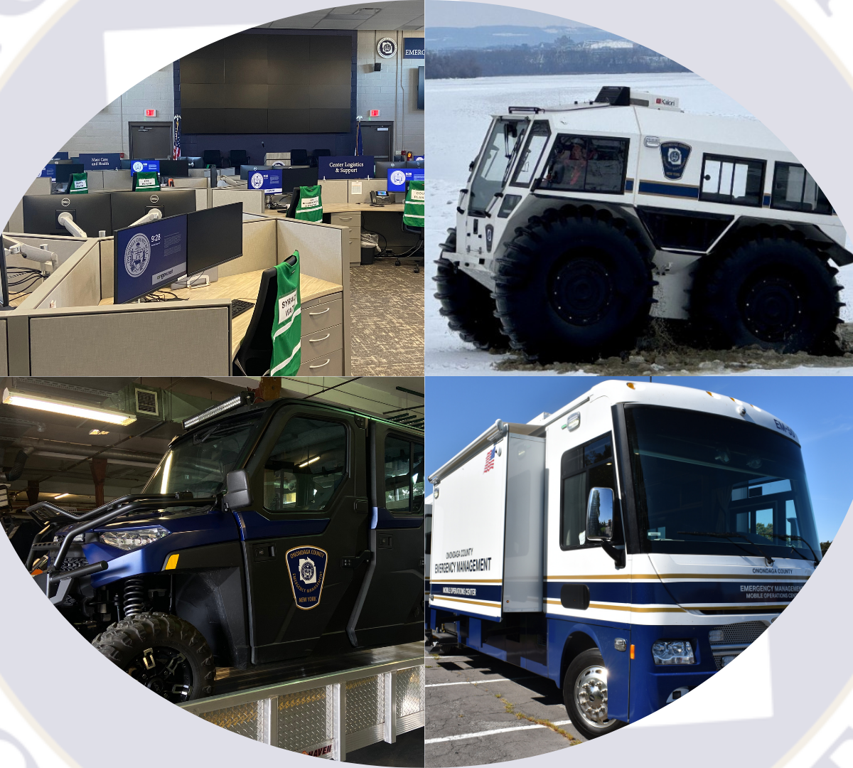 Onondaga County Department of Emergency Management logo of our Emergency Operations Center, SHERP, UTV, and EM-50 our mobile operations center.