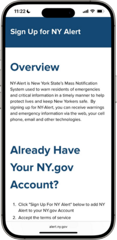You must create or sign in with a My.NY.Gov account to get access to NY Alert.