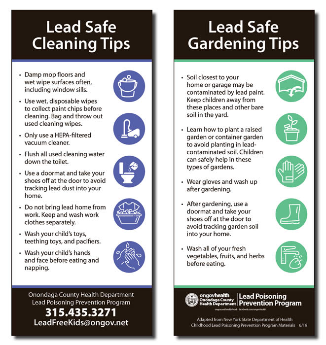 Informational tip card providing providing household tips for lead-safe cleaning and gardening