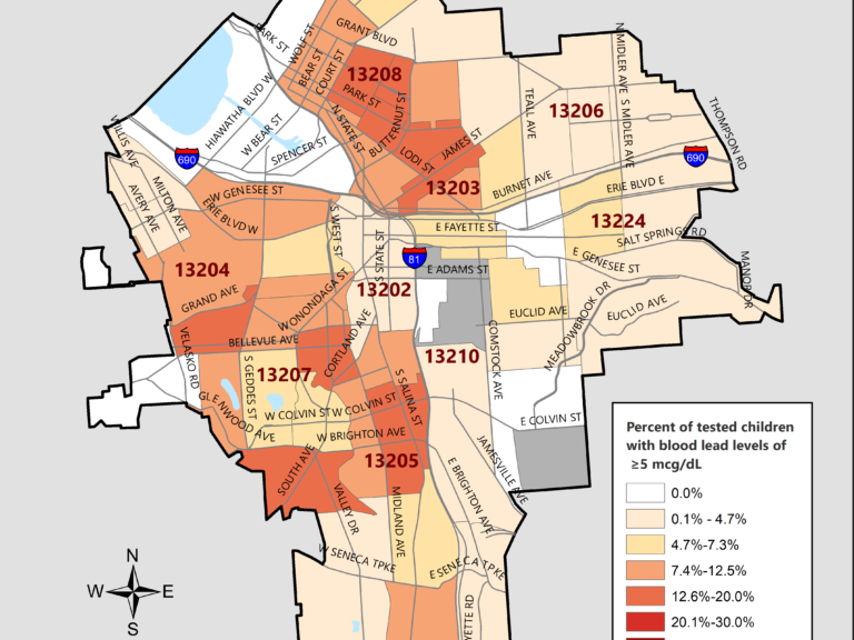 A map showing the percent of children with elevated blood lead levels in City of Syracuse census tracts during 2025.